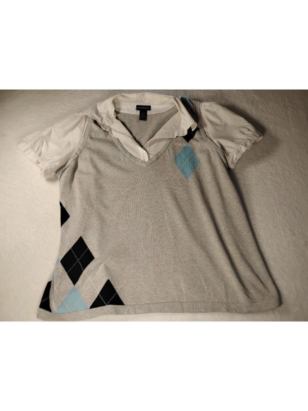 Lane Bryant Sweater Shirt Argyle Preppy V-Neck Short Sleeve 18/20 Gray White